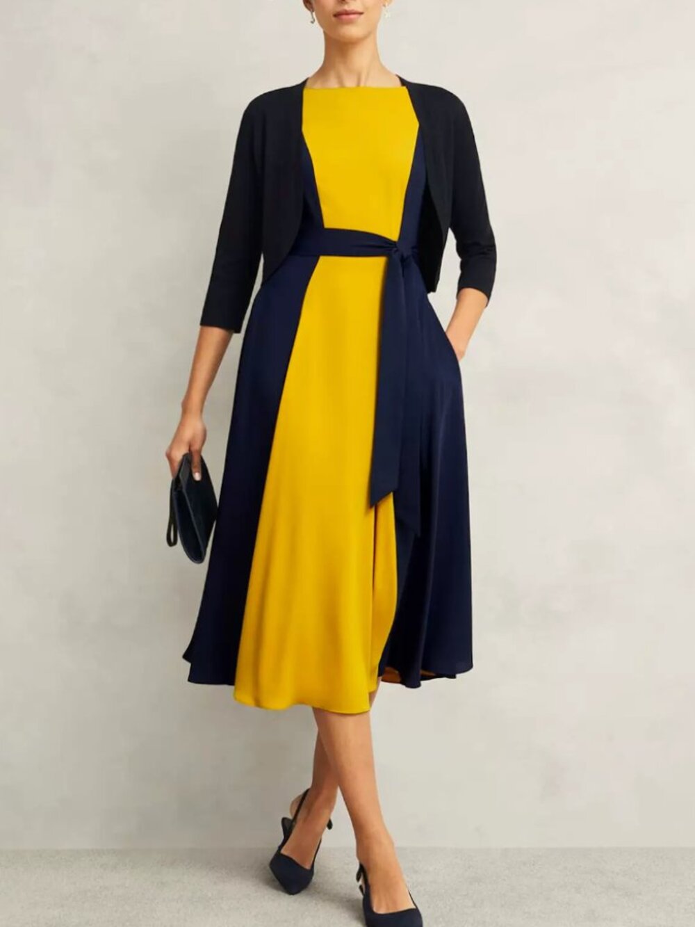 Hobbs London Emery Tie Belted Midi Dress US 4/6/8/10/12 Navy Yellow
